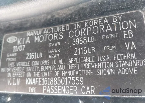 2008 Kia Spectra5 Sx z USA, uszkodzony, nr VIN KNAFE161885017559